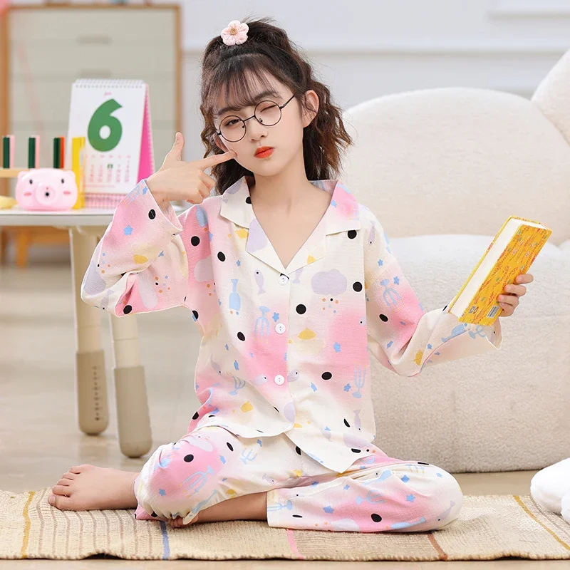 2024 Children\'s Pajama Sets Girls Autumn Cardigan Pijama Sweet Cute Long Sleeve Sleepwear Cartoon Loungewear Kids Home Clothing