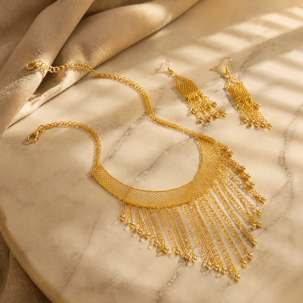 Fringe Pendant Necklace Earrings Set Long Tassel Beaded Fringe Bridal Jewelry Set Mesh Chain Boho Gold Plated Alloy Set Party