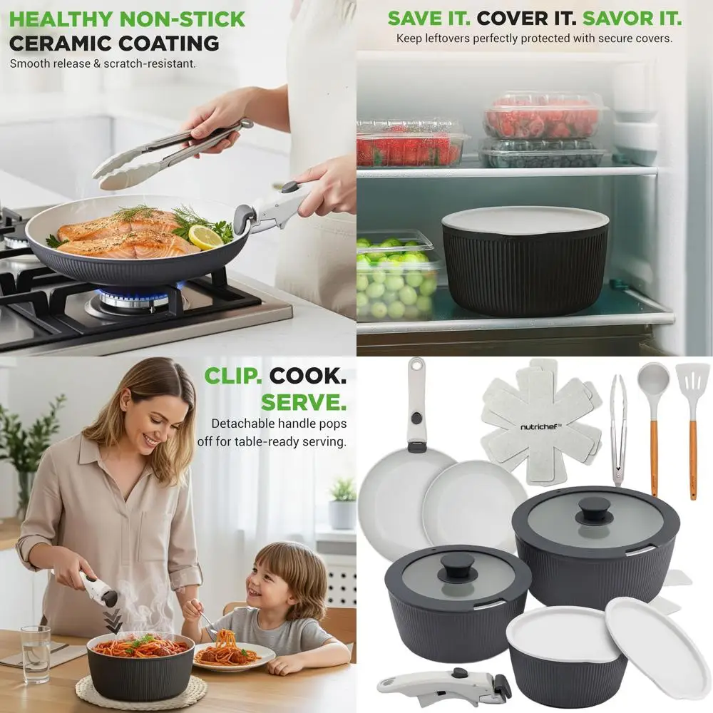 

18-Piece Detachable Handle Cookware Set, Nonstick Ceramic with PTFE-Free Coating, Space-Efficient, Oven and Stovetop Safe, Inclu