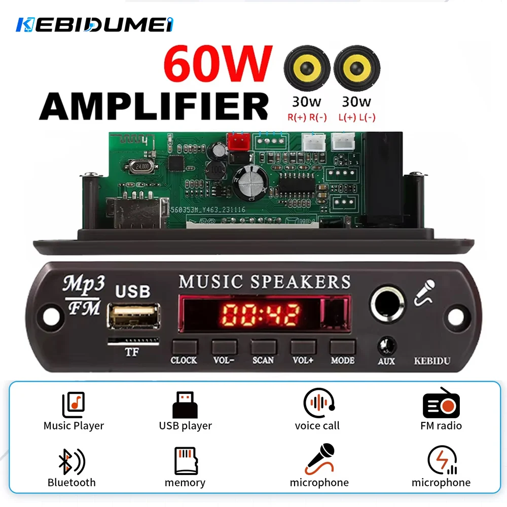 KEBIDUMEI 60W Amplifier Bluetooth MP3 Decoder Board 6.5MM Mic Jack DC 12V MP3 Player HiFi Audio Player FM Radio For Car Speaker