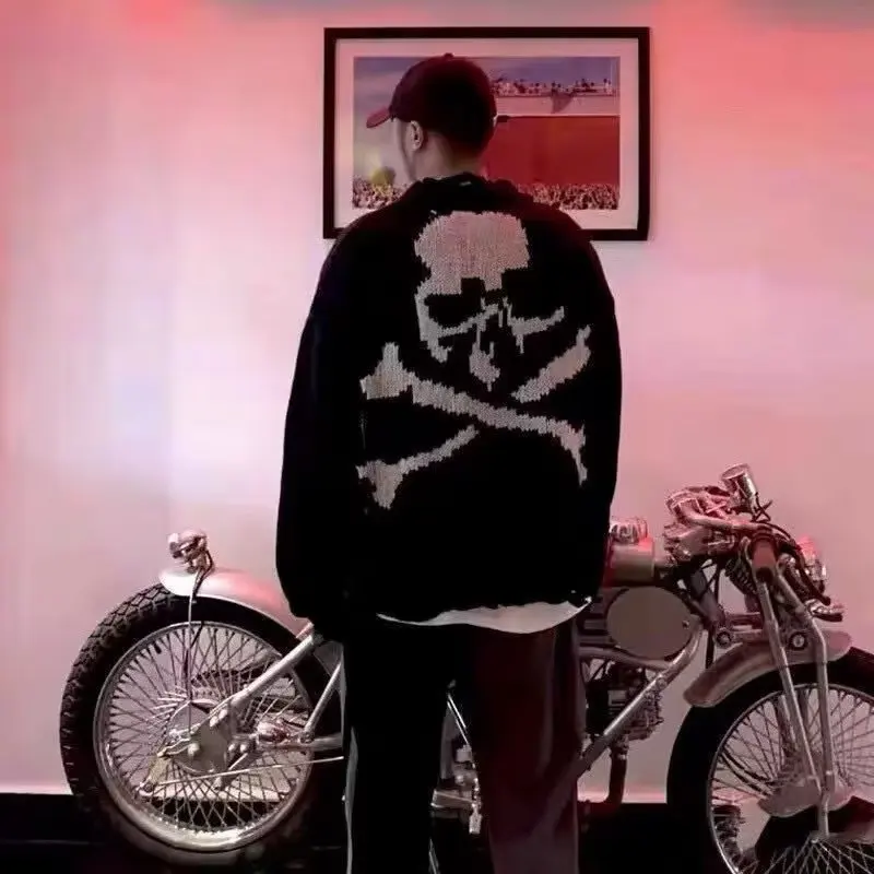 

American Hip Hop Skull Pattern Men's Knitted Sweater Autumn Winter High Sensation Couple Outerwear Long Sve round Ne