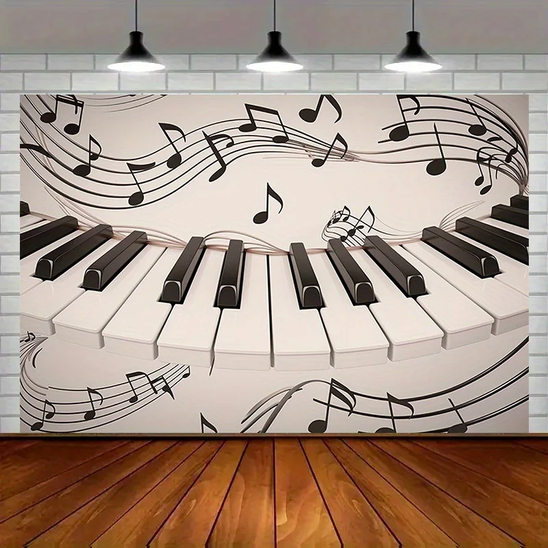 1 clavier de piano vintage et un toile de fond pour fête sur le thème des symboles musicaux - bannières en polyester noir et blanc, design décoratif