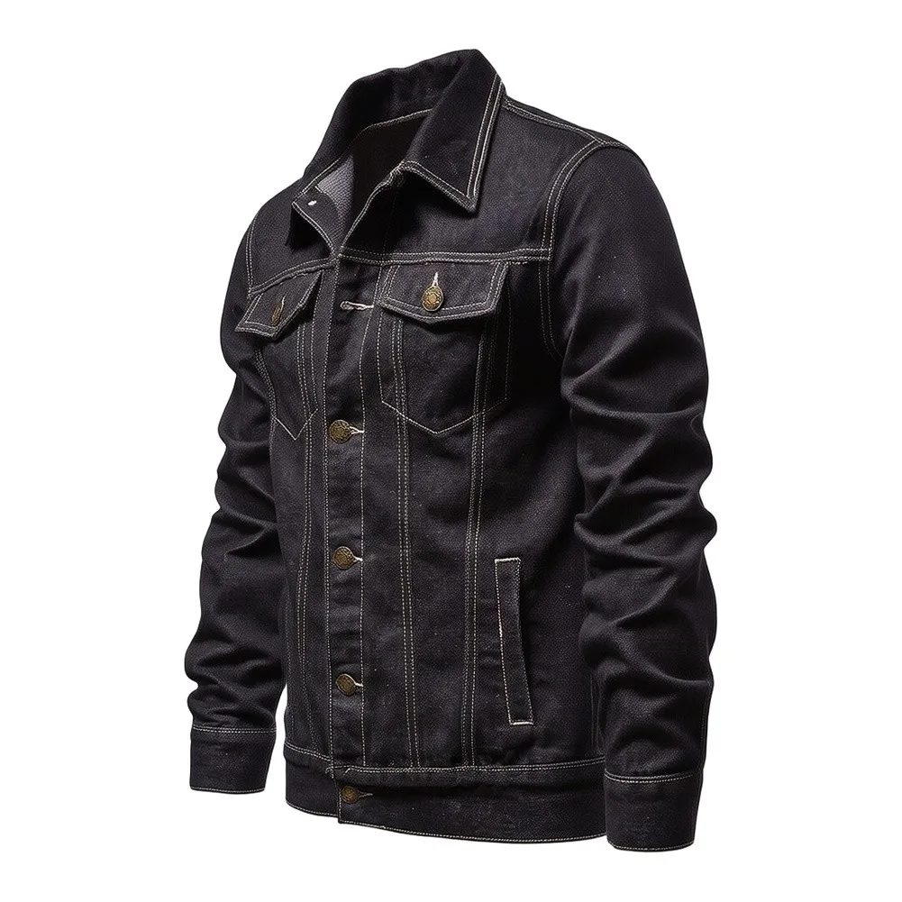 For Urban Street Style Black Men Jeans Jacket 80 Percent Cotton Blend 20 Percent Spandex Fabric Long Sleeve Design