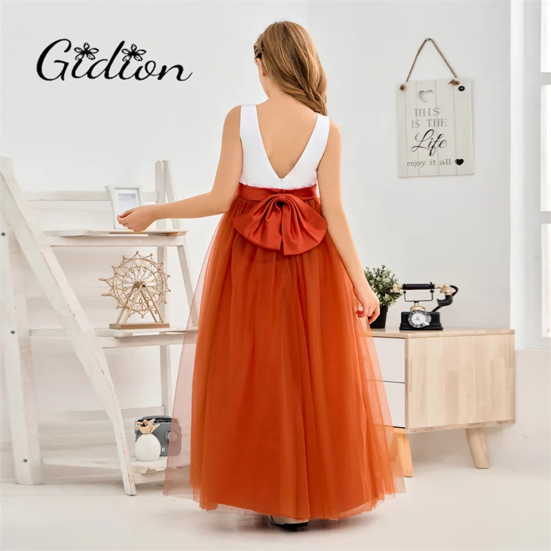 Bloemenmeisje Jurk Voor Kinderen Chiffon Mouwloze Kleur Contrast Jurk Bruiloft Verjaardagsfeest Prinses Zomer Lange Jurk