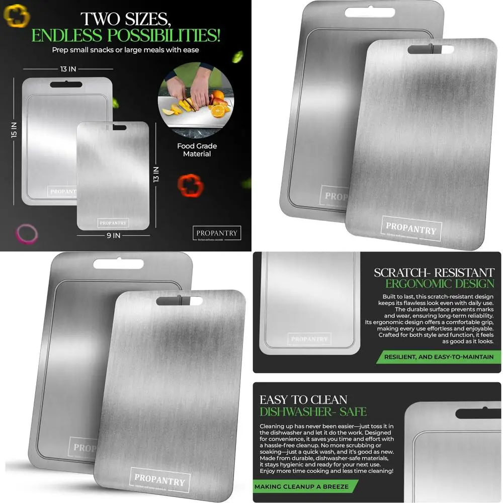 

Набор из 2 прочных титановых кухонных разделочных досок - с противоскользящими краями, из нержавеющей стали, металлические разделочные доски