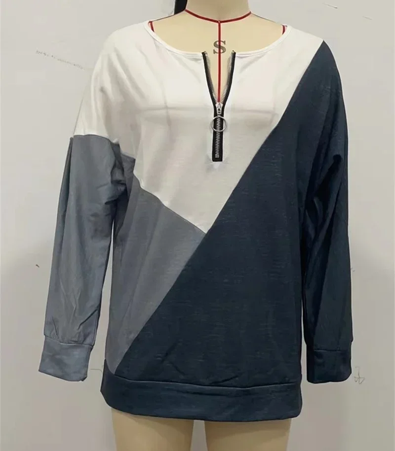 Women New Geometry Colour Blocking Sweatshirt Zipper Splicing Loose O Neck Hoodie Female Comfortable Autumn Casual Commuter Tops