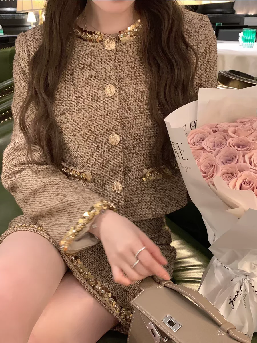 Style Women's Suiting Set Heavy Embellished Tweed Jacket And Skirt Two-Piece Ensemble Short Sleeve High Waist