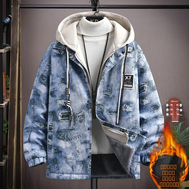 

Hooded Fce Lined Thiened Casual Loose Fit Men's Denim Jaet Youth Warmth Sle Zipper Closure Long Sve Autumn Winter...