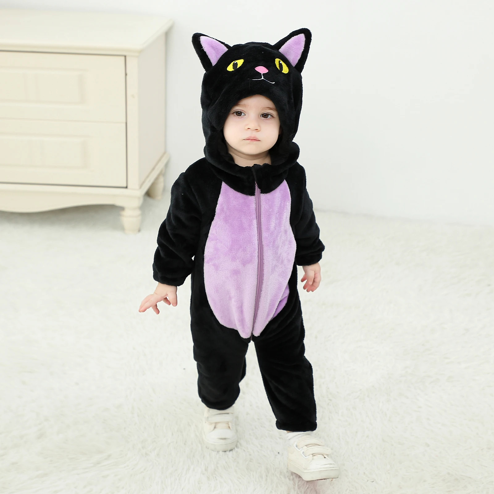 

Милый детский комбинезон с длинными рукавами и капюшоном, на молнии, с изображением кота, для малышей 0-3 лет, теплая зимняя одежда для мальчиков и девочек