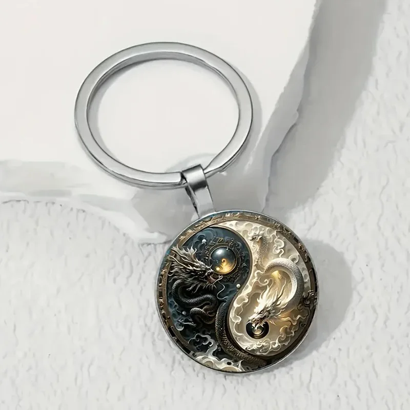Einzigartiger 2D flacher Yin Yang Acht Trigramme Schlüsselanhänger Unisex Double Dragon Fish Chinesischer Stil Schlüsselzubehör Paar Amulett Dekoration