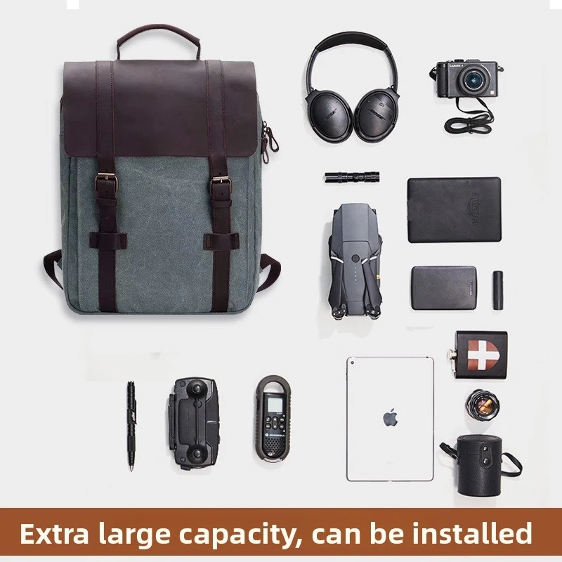 Fashion trend backpack schoolbag men's casual canvas travel retro wild horse leather double shoulder bag