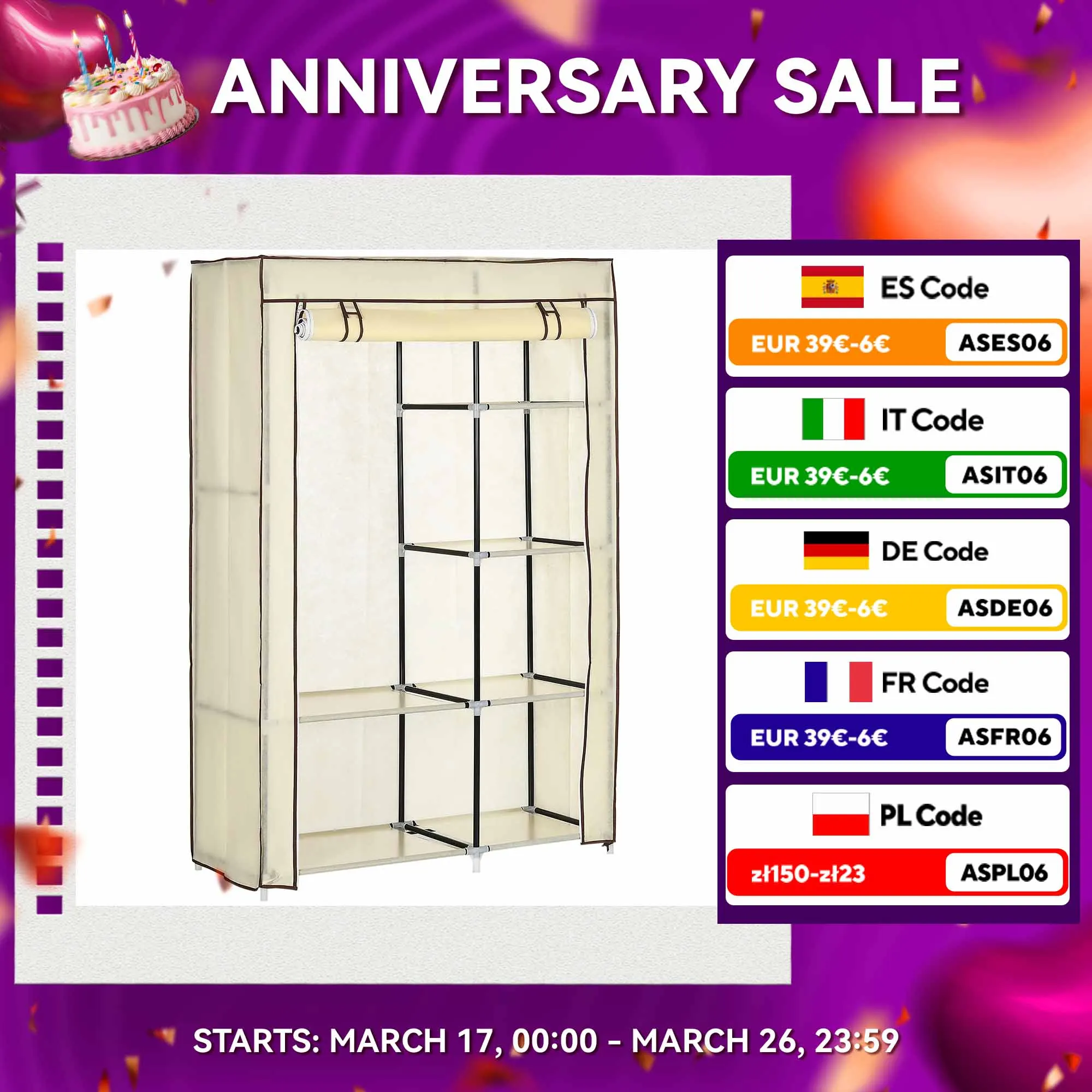 HOMCOM armadio pieghevole in tessuto con 6 ripiani e 1 bar 103x43x162,5 cm crema