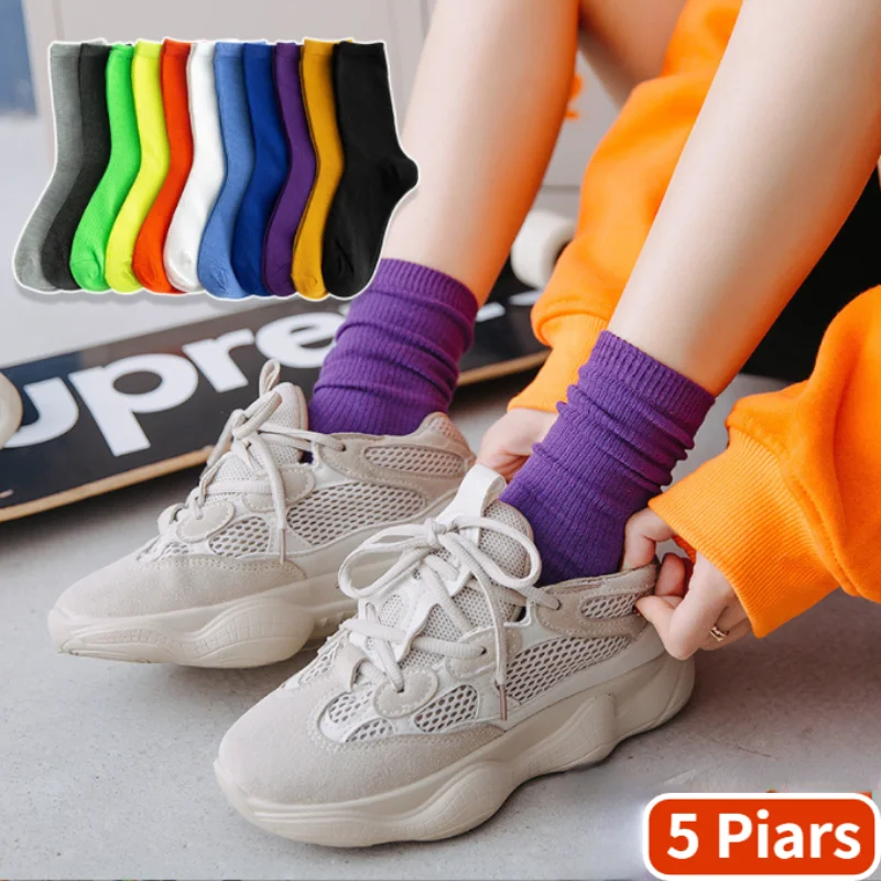 

5pair /Lot Casual Socks for Women Spring Summer Middle Tube Breathable Knitting Cotton Long Loose Sock Comfortable Solid Color