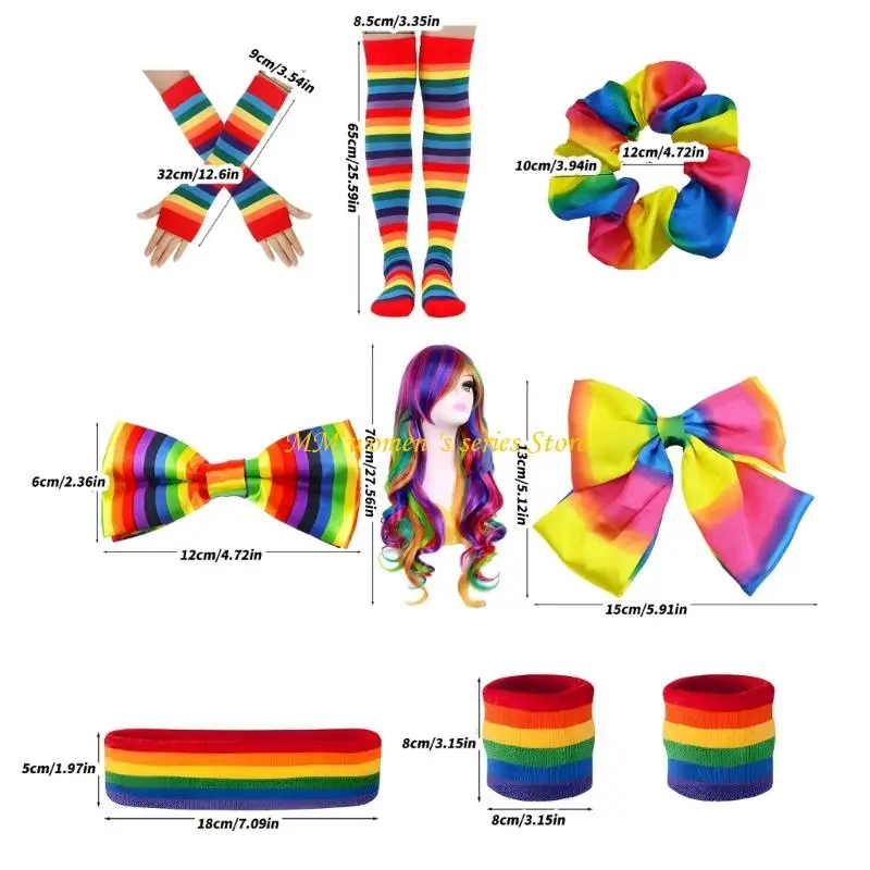 Q39C Costume arcobaleno per donna Gonna tutù arcobaleno Fascia per capelli scaldamuscoli Orecchini a cuore Calzini a righe