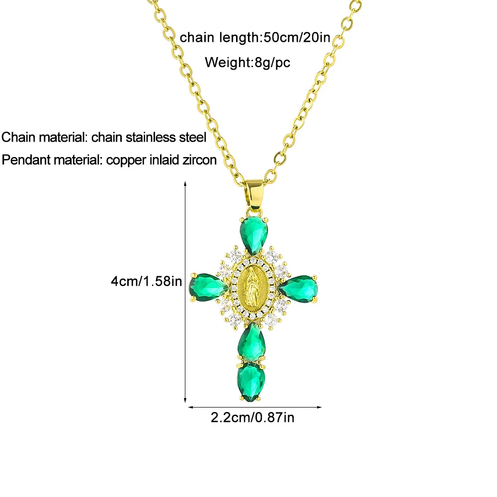 

Cross of the Virgin Mary Copper Material Inlaid Colored Zircon Maria Cross Pendant Necklace Men Women Manual Gift Chain Jewelry