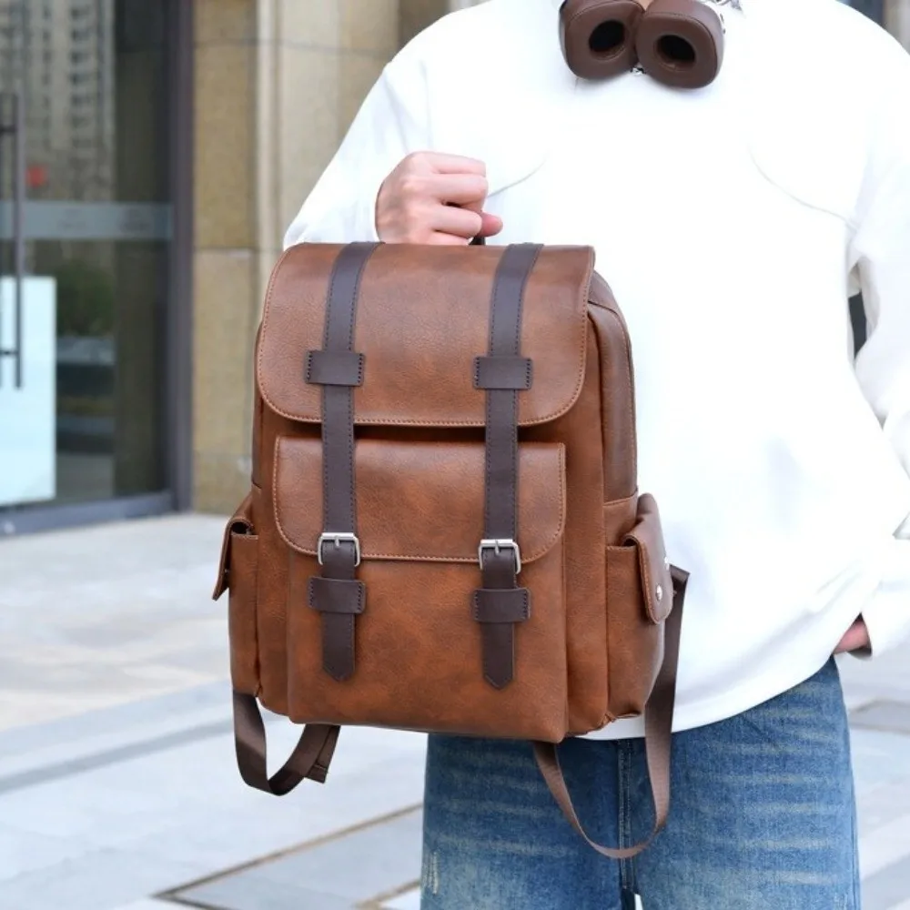 

Рюкзак с несколькими карманами и пряжкой на ремне, водонепроницаемый рюкзак из искусственной кожи большой емкости, мягкая однотонная дорожная сумка, повседневная прогулка