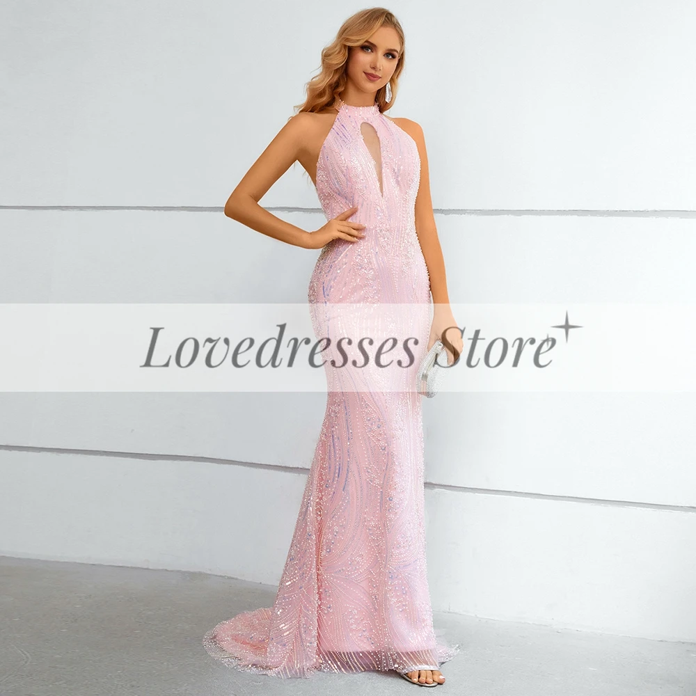 Customized Exquisite Pink Mermiad Backless Evening Party Dress with Beading Sequins Floor Length Sleeveless Lace Prom Gowns Robe