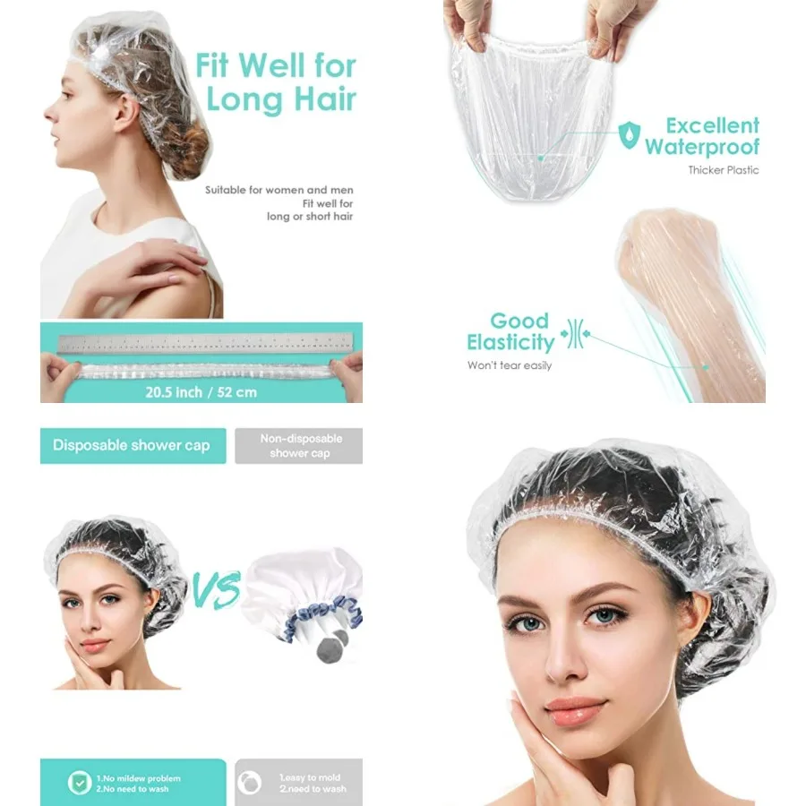 

Auban 100PCS Disposable Shower Caps Independent Packing, Plastic Clear Hair Cap Large Thick Waterproof Bath Caps for Women, Tra