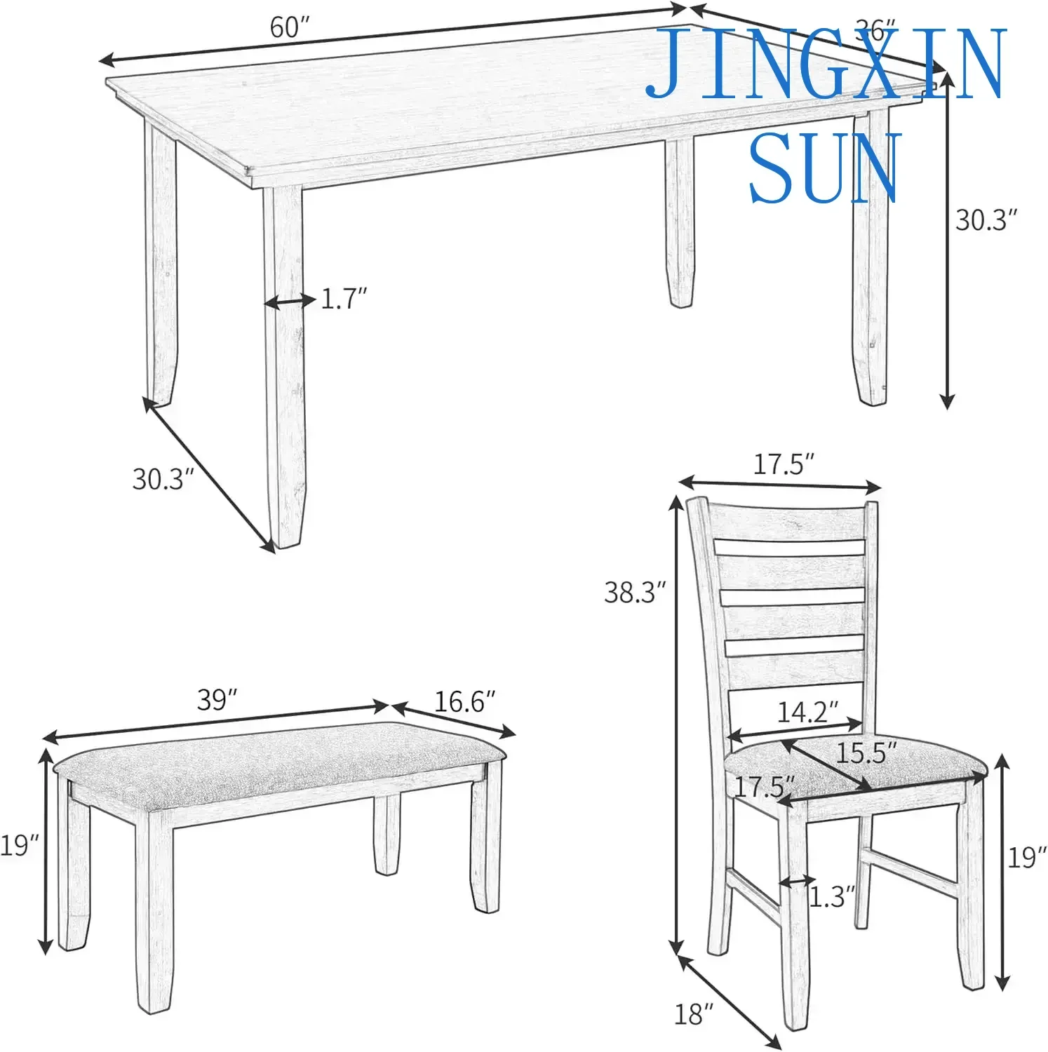 Wooden Dining Table Set, Rectangle Table and 4 Chairs with Bench with Cushion, Kitchen Chairs Set for 6 Persons Hot selling