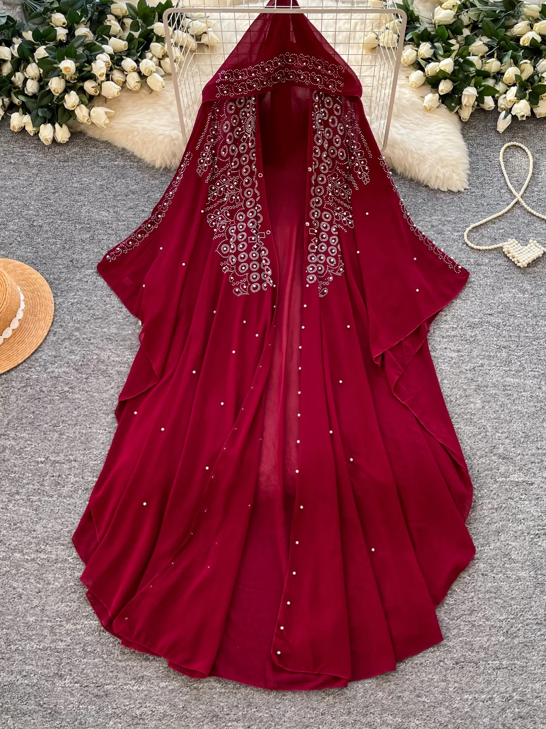 Heavyweight Rhinestone Hooded Cloak Coat Women's Loose Asymmetrical Shoulder Wrap Elegant Long Outerwear Polyester Fiber