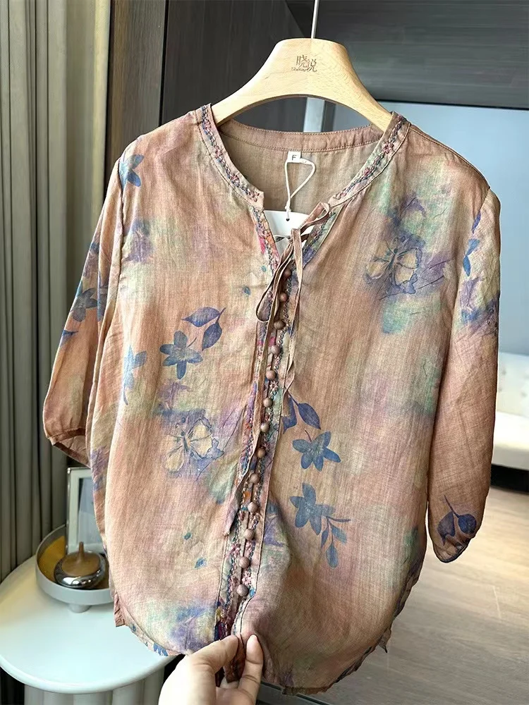 Retro chińska bluzka damska z nadrukiem, z bawełny i lnu, letnia, cienka, codzienna, luksusowa, modna, o luźnym kroju.