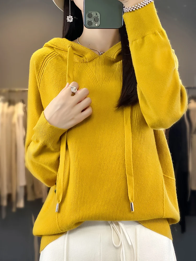 2024 Spring and Autumn Simple Fashion Knitted Hoodie Loose Casual Solid Color Versatile Knitted Women\'s Knitted Hoodie