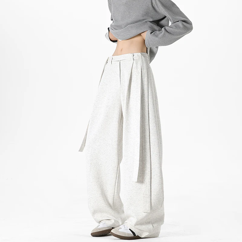 Men's Loose Fit Casual Pants Drapey Solid Color with Ribbon Detail Minimalist Style Streetwear Trousers for Men M-XXXL