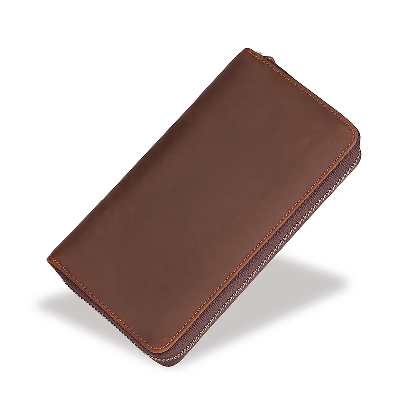 Men's long leather zipper business cowhide wallet for holding youth mobile phone storage
