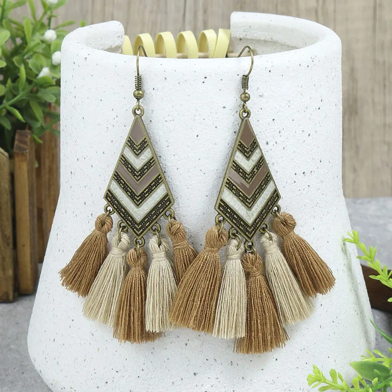 Ethnic Bohemian Tassel Fringe Long Dangle Earring For Women Wooden Beaded Geometric Handmade Drop Earrings Jewelry Pendientes