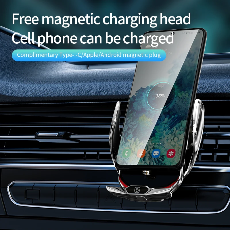 15W Wireless + Mag Tips Car Charger – IR Auto Clamp, Electric Open/Close, Built‑in Battery, Glow Logo for iPhone & Android(T18)