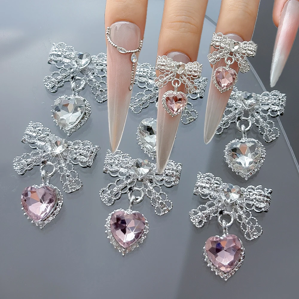 5pcs 3D Kawaii Lace Bow Heart Pendant Nail Rhinestones Pink/Transparent Love Gem Metal Bowite Nail Art Charms DIY Nail Decoratio