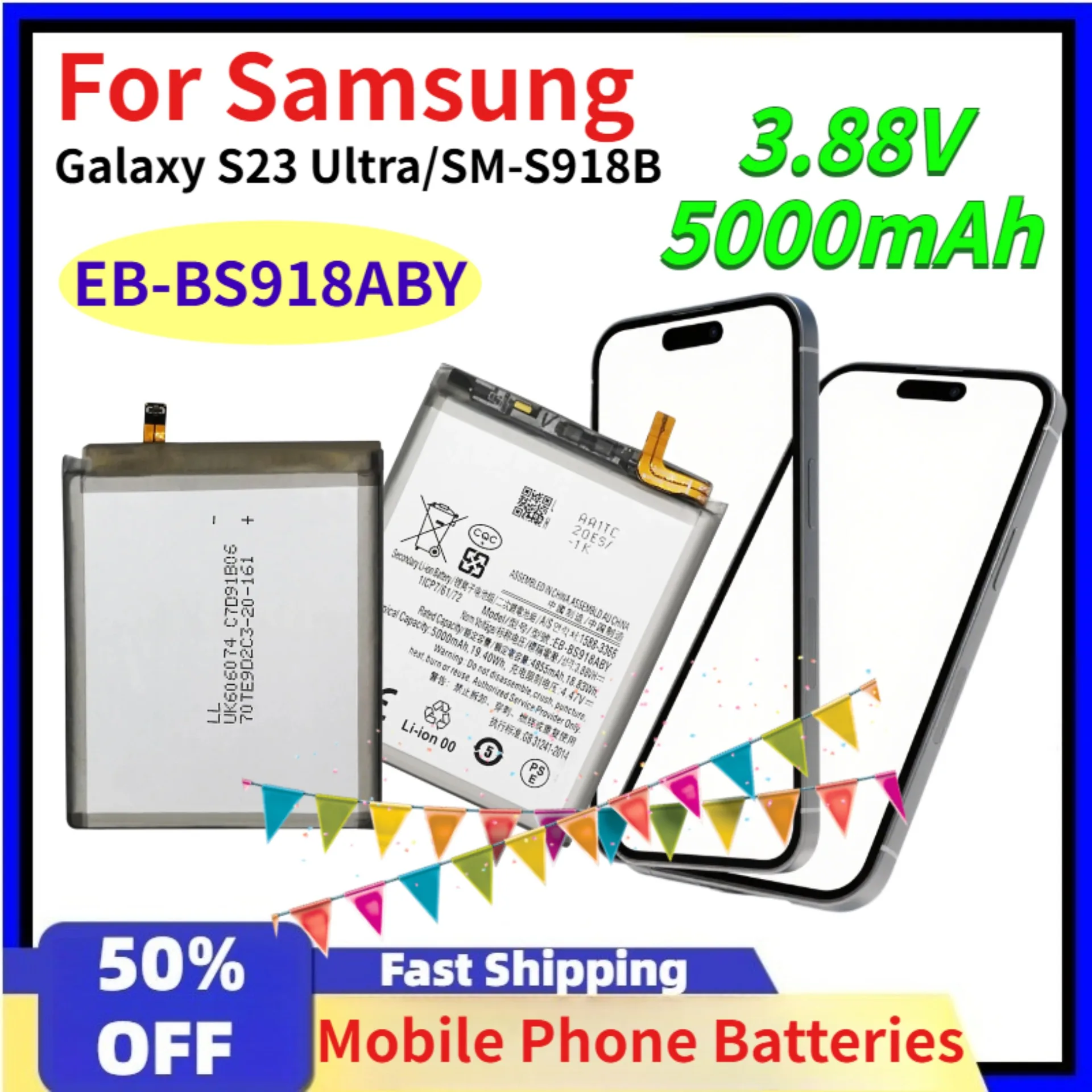 

5000mAh EB-BS918ABY Mobile Phone Batteries for Samsung Galaxy S23 Ultra/SM-S918B/DS SM-S918U SM-S918U1 SM-S918W/N SM-S9180