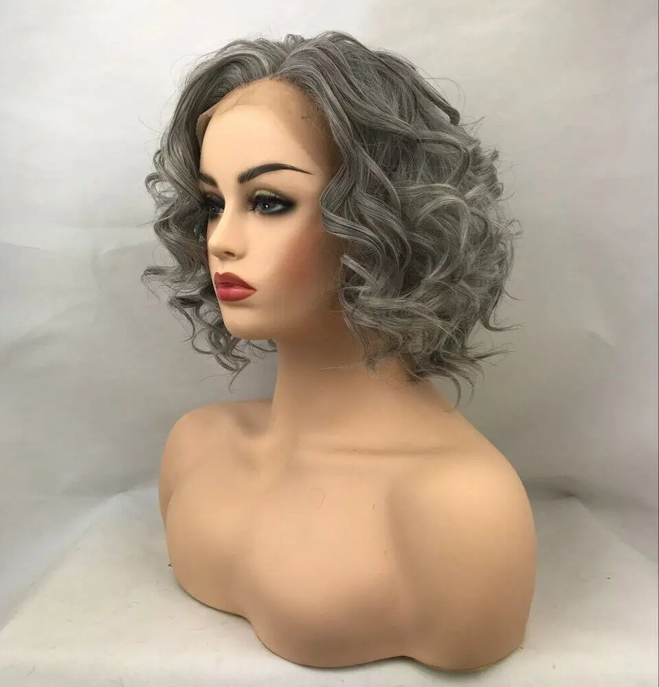 Shoulder Length T Part Lace Front Wigs Synthetic Curly Wig Wavy Gray Short Woman