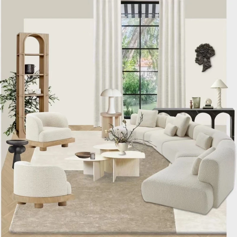 Curved design sofa Cream style living room lamb wool fabric sofa special-shaped multi-seat sofa combination