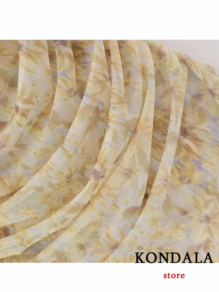 KONDALA Vintage Chiffon Flower Cami Women Dress Square Collar Front Split Folds Slim Long Vestidos Fashion 2023 Summer Dress