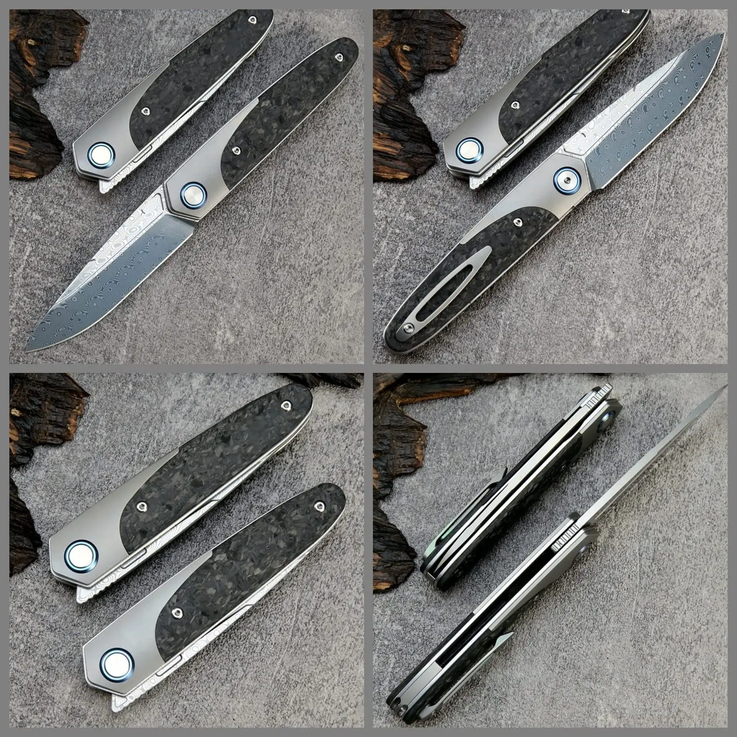 Imagem -05 - Sitivien-damascus Aço Folding Facas Rolamento de Esferas Titânio Punho de Fibra de Carbono Edc Facas para Trabalhar Camping Coleção St245