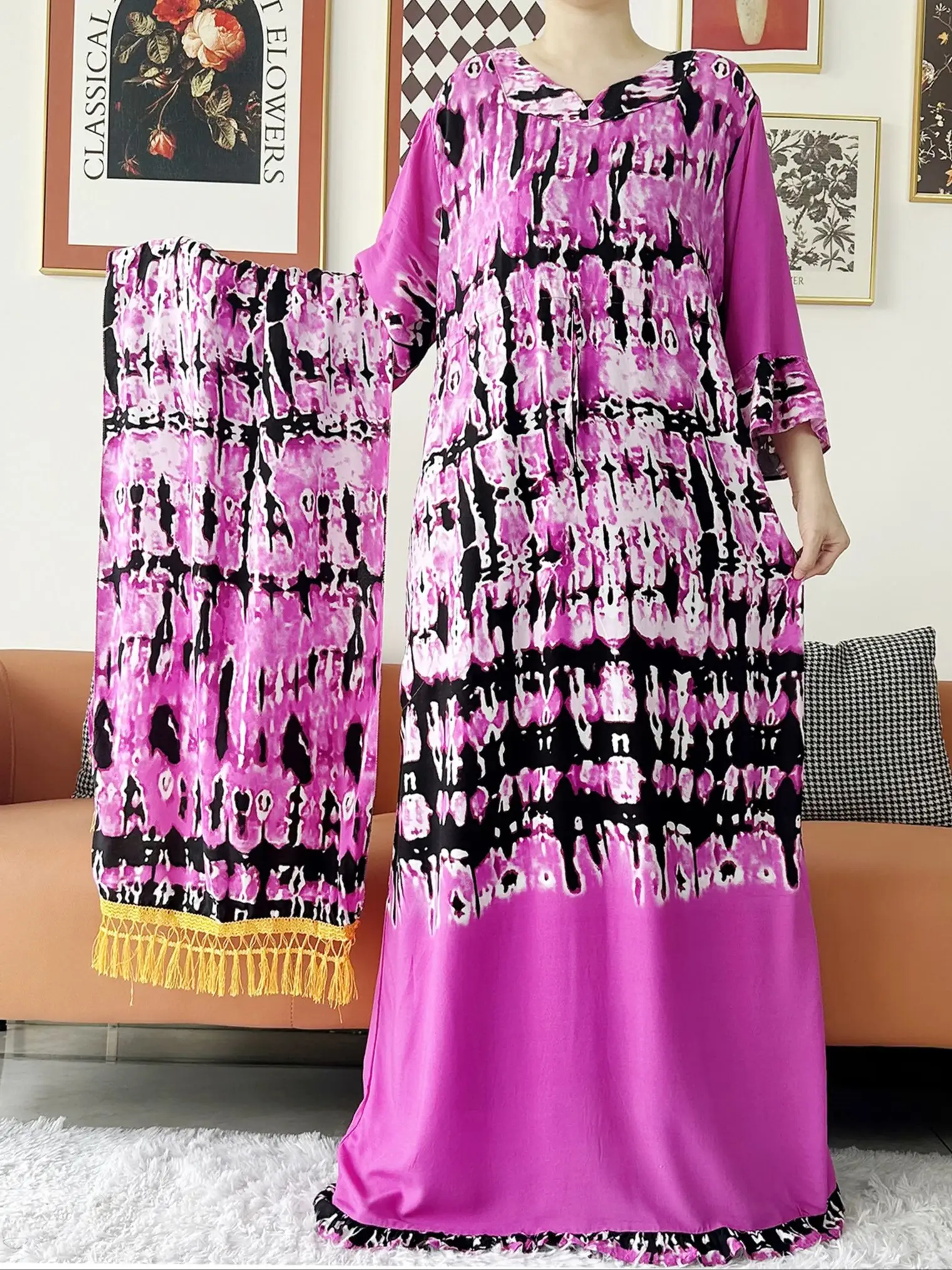 Vestido africano de manga longa de algodão floral dashiki para mulheres, caftan solto, cachecol grande, estampado, casual, novo, 2024