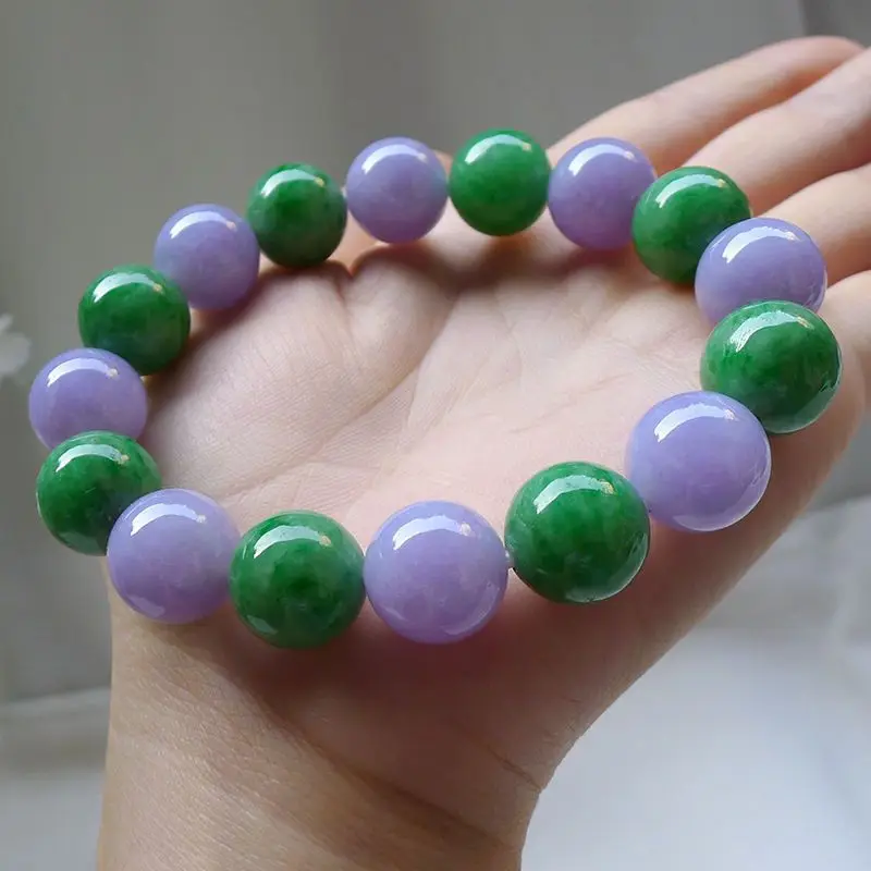 Genuine Jade Violet Natural Myanmar Sun Green Purple Double Color String Beads Bracelet for Women