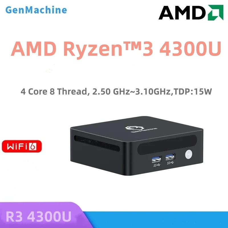 GenMachine Mini PC AMD Ryzen™3 4300U Windows 11 4 Core 8 Thread 2.50 GHz~3.10GHz TDP 15W DDR4 3200Mhz RAM Wifi6 pc gamer compute