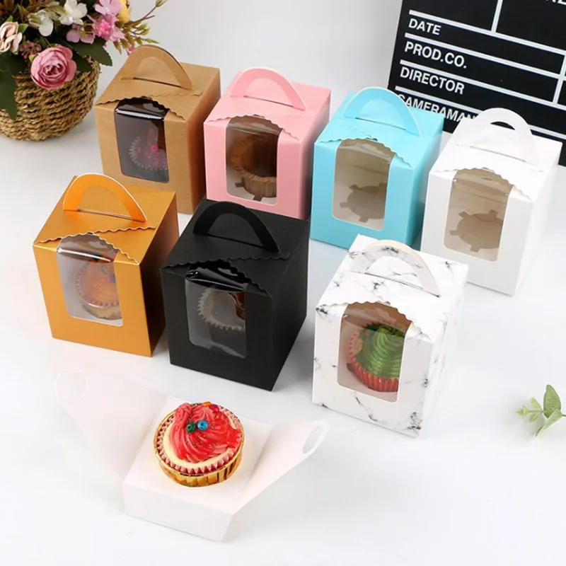 6Pcs Muffin Pastry Cake Box with Handle Cardboard Paper Cupcake Box Cake Packaging Box Festival Party Decoration Supplies