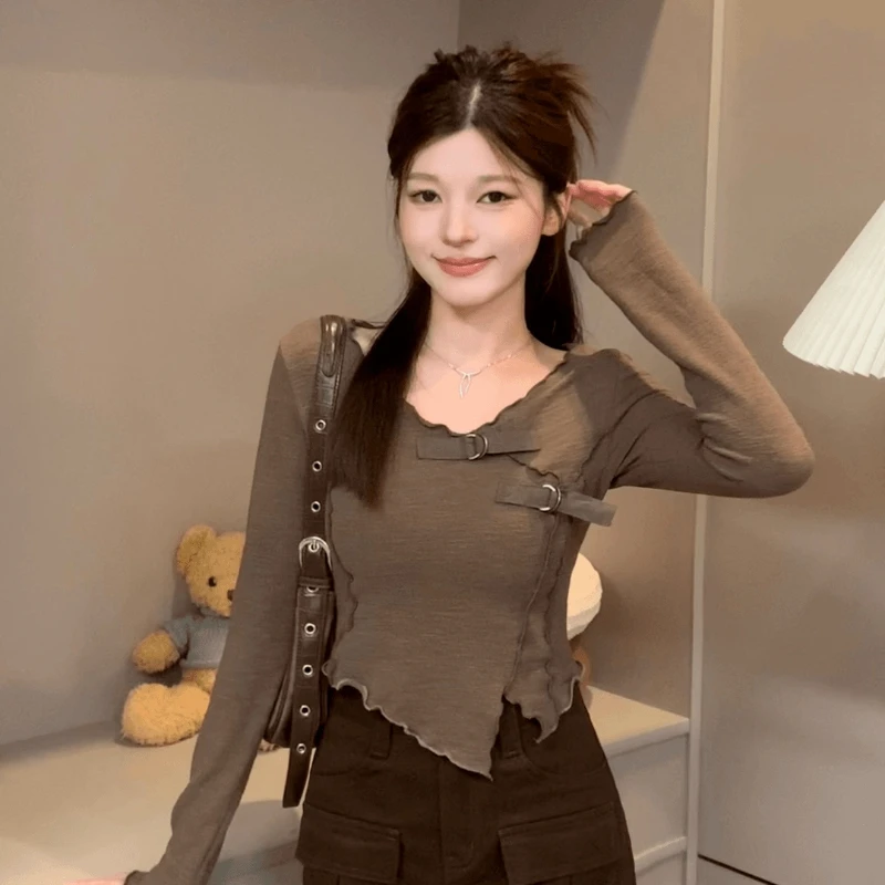 

Irregular V Neck Sexy Long Sleeve T Shirts Spring Autumn New Solid All-match Vintage Tops Tees Fashion Casual Women Clothing
