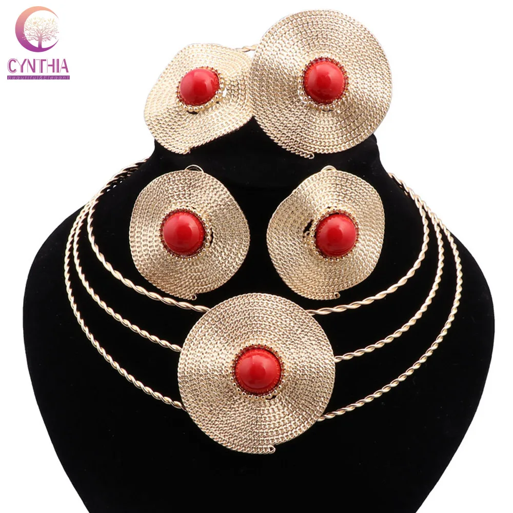 

CYNTHIA Fashion Nigerian Dubai Jewelry Sets For Women Wedding Bridal Gold Color Round Necklace Earrings Bracelet Ring Party Gift