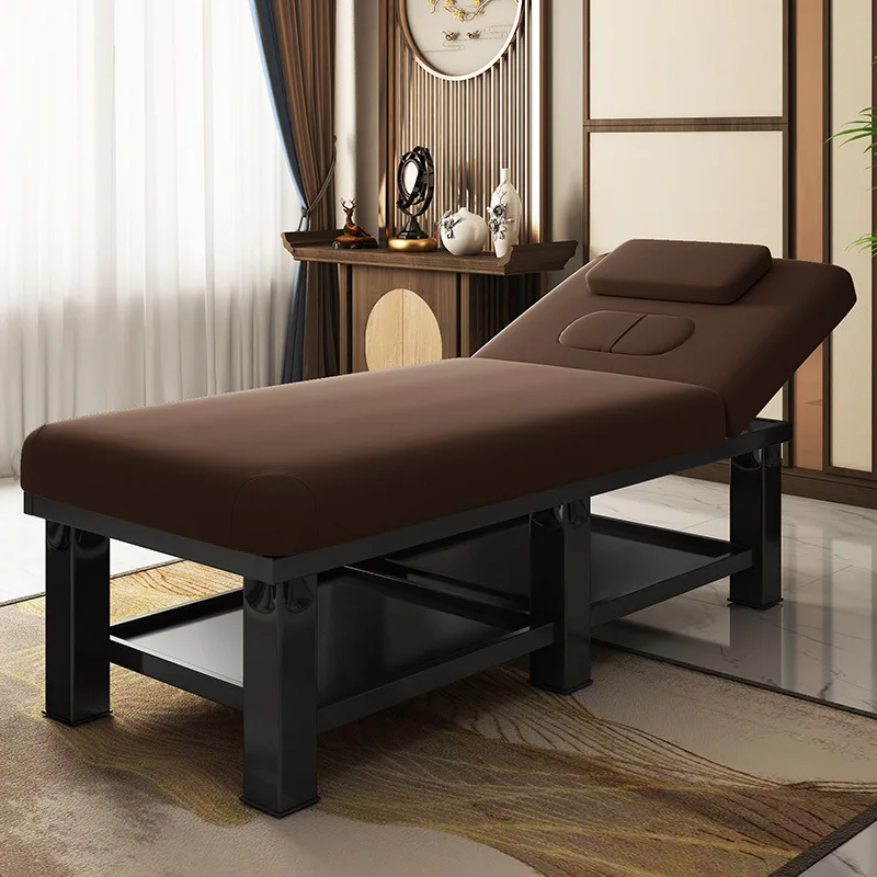 Tattoo Lash Bed with Wood and Metal Frame, Folding Spa Chair, Brown Multifunctional Beauty Facial Chair, Portable Massage Bed
