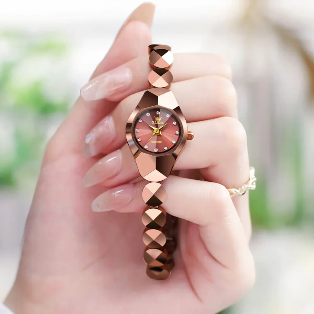 OLEVS Women Rose Gold Quartz Watch Diamond Dial Irregular Polygonal Case Tungsten Steel Bracelet Elegant Ladies Dress Wristwatch