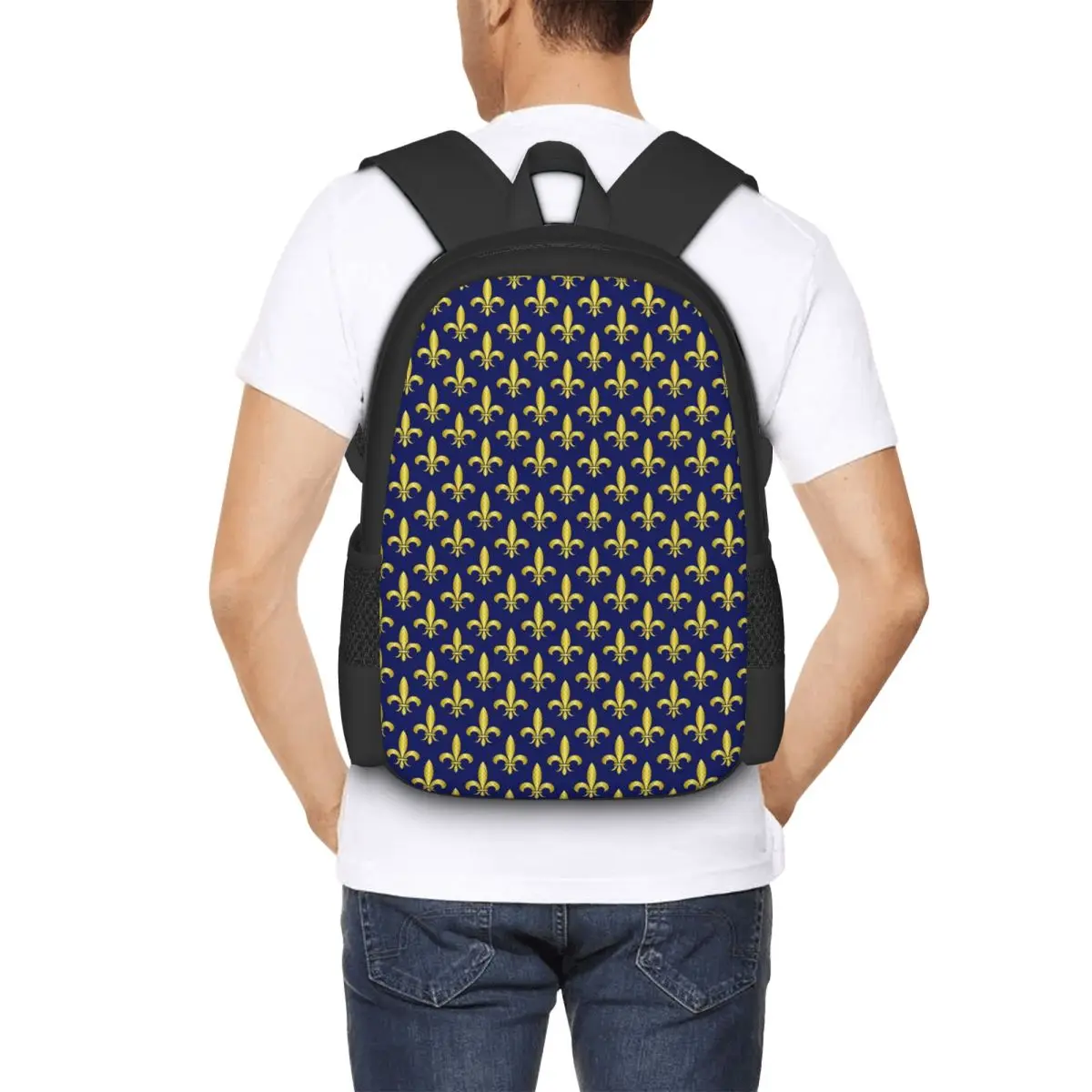 

Gold Blue Fleur De Lis Royal Lily Student Backpack School Bag Hiking Travel Daypack for Boys Girls Fashion Bookbag Shoulder Bags