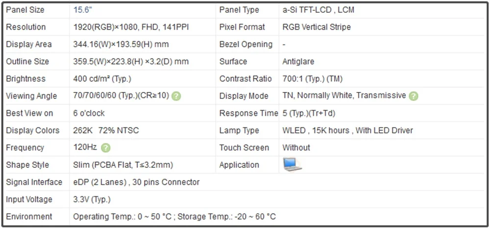 Panel layar LCD ramping Laptop 15.6 inci 1920x1080 141PPI EDP 30pin 120Hz non-sentuh 400 cd/m² (Typ.) 72% NTSC NTSC