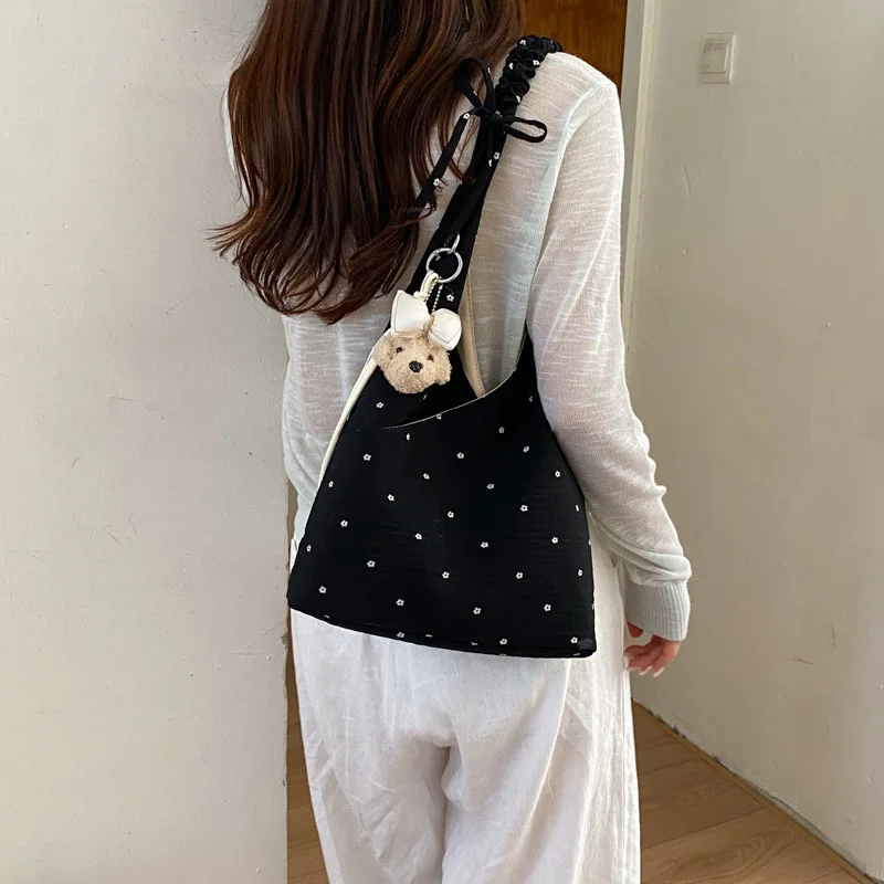 Korean-style Polka-dot Drawstring Canvas Bag for Women – Casual, Versatile, Single-shoulder Crossbody Tote with Large Capacity
