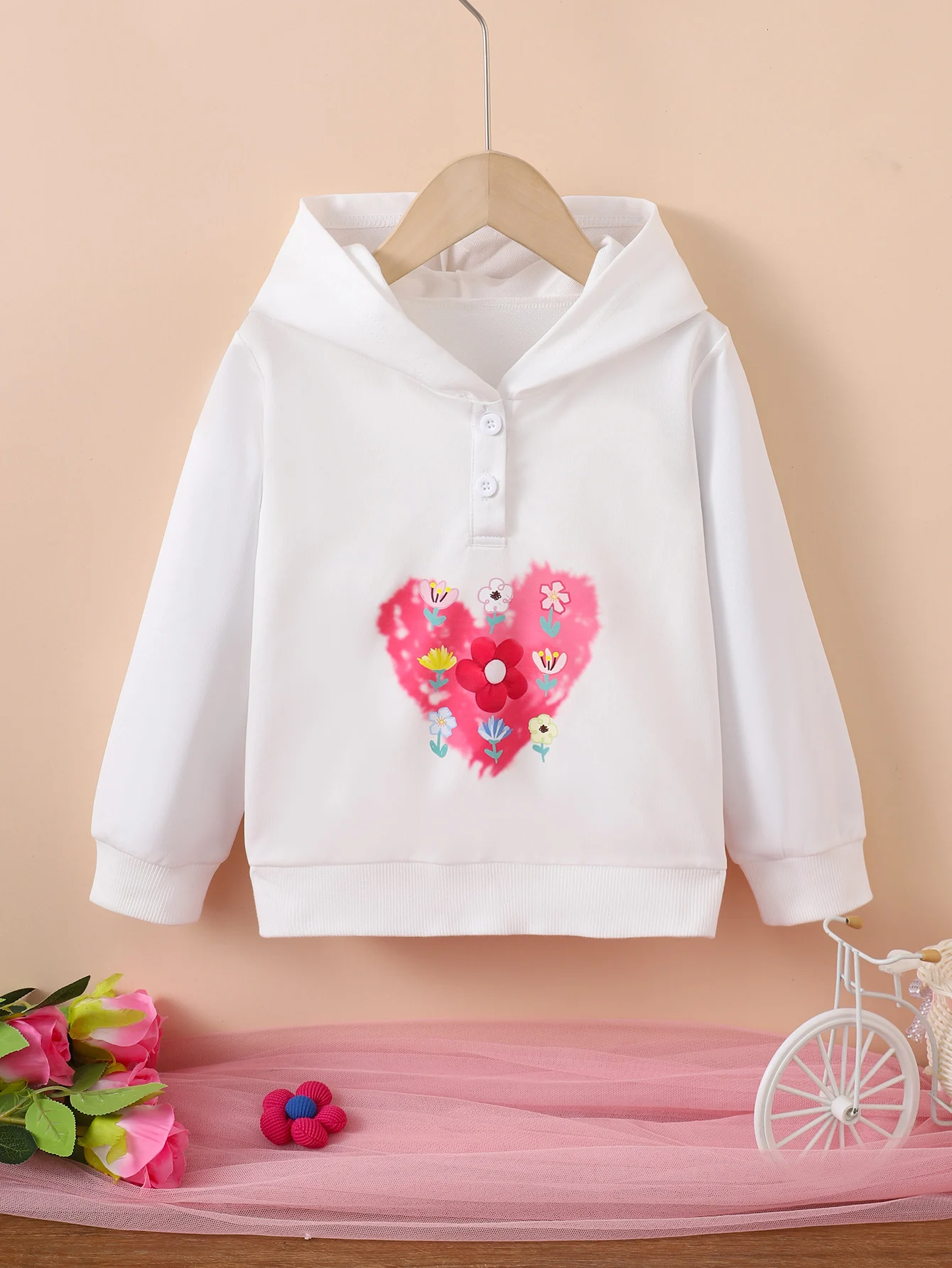 Summer  4-7 Years  Old  Cool  Girls   Long  Sleeved   Peach  Heart  Print  Hoodie  ，Suitable  For  Daily  Wear