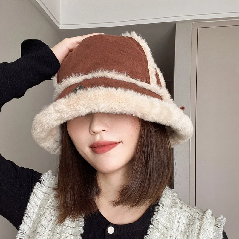 

Fashion Faux Fur Suede Fleece Bucket Hat Reversible Thick Winter Skiing Cap Bag Strap Multifunctional Women Men Headgear