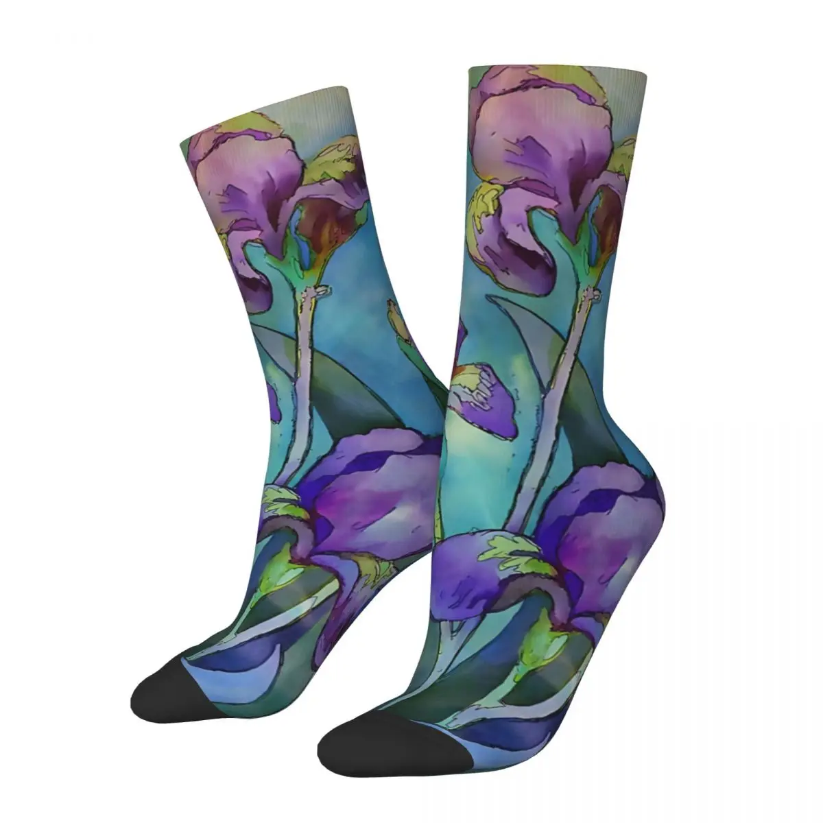 1 Pair Funny Crazy compression Irises Watercolor Sock for Men Hip Hop Happy Seamless Pattern Printed Crew Sock Casual Gift